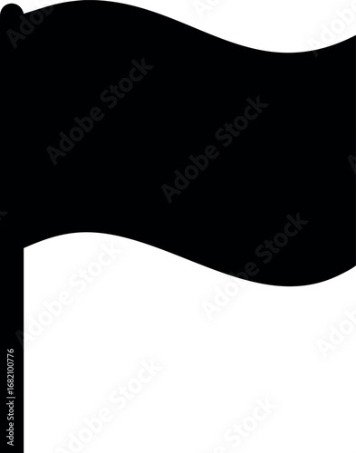 A simple black flag waving on a flagpole against a white background representing surrender or protest