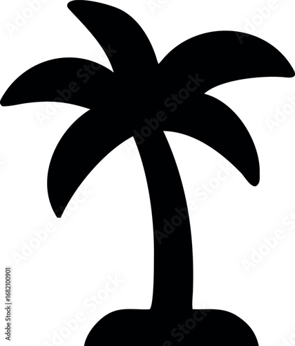 Simple black silhouette of a palm tree with fronds and trunk on a white background