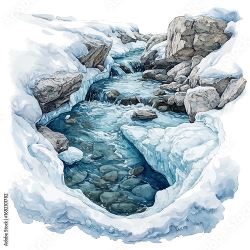Frozen River, watercolor illustration vector, isolated on a white background.