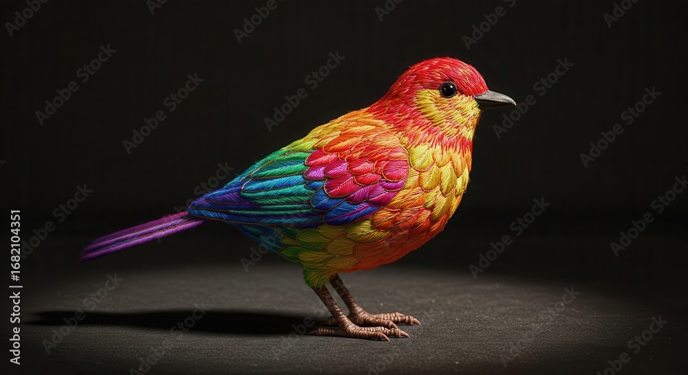 Fototapeta premium A vibrantly colored bird, meticulously crafted with embroidered feathers, showcasing a spectrum of rainbow hues against a dark backdrop.