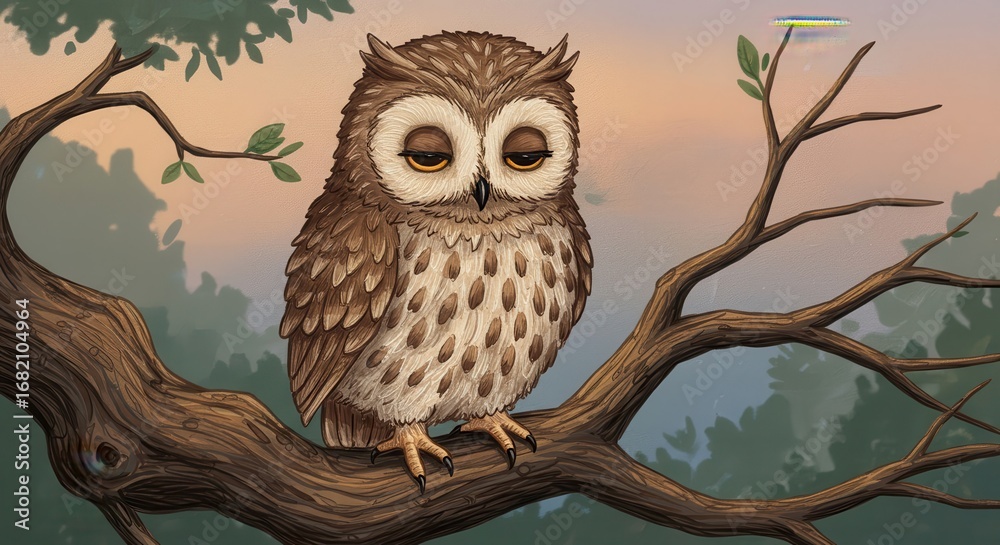 Obraz premium A sleepy owl perches contentedly on a tree branch, bathed in the soft light of a tranquil sunrise.