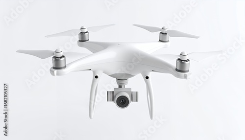 Close-up view of a white drone with a camera.