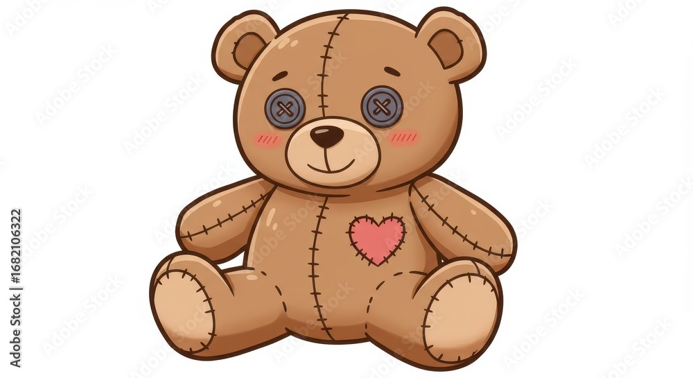 Fototapeta premium A cartoon teddy bear, lovingly crafted with stitched details, sits against a plain background.