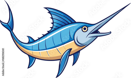 Blue marlin fish illustrated in a cartoon style, featuring vibrant colors and a playful expression