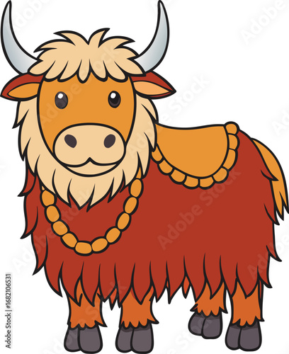 A cartoon yak with prominent horns and a long tail, depicted in a playful and colorful style
