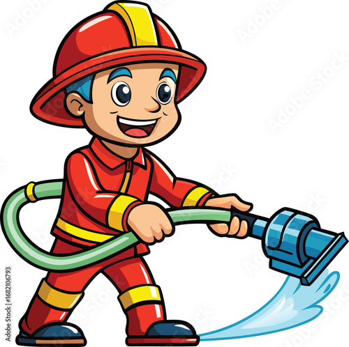 Cartoon fireman holding a hose, ready to extinguish a fire, with a fire truck in the background