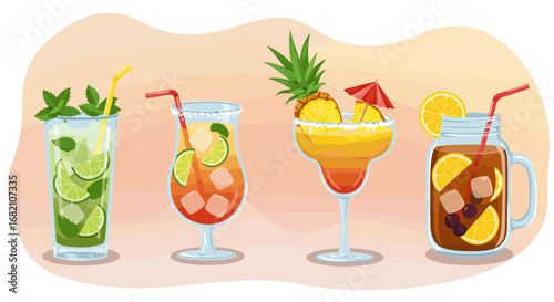 Illustration of four different refreshing summer cocktails