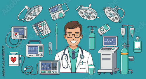 Illustration of doctor with medical equipment surrounding him