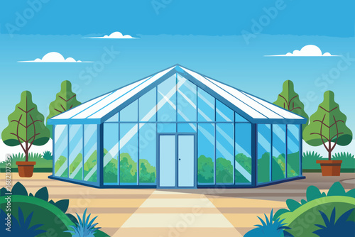 Greenhouse filled with various plants, with trees visible in the background, showcasing a vibrant, lush environment