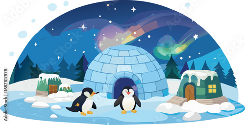 Penguins standing in front of an igloo, surrounded by a snowy landscape