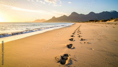 Wallpaper Mural Footprints in wet sand receding on a wide beach, leading towards distant, jagged mountains under a golden sunset with soft, white waves Torontodigital.ca
