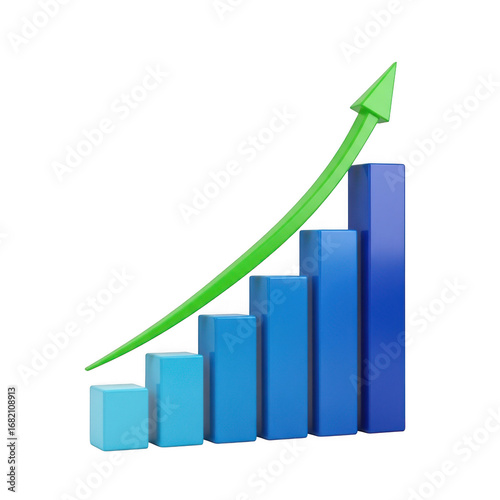 Green arrow curve over blue bar chart showing upward trend and growth transparent background