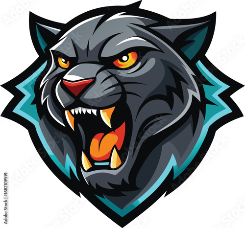Black panther's head with an intense, angry expression, showcasing its sharp features and piercing eyes