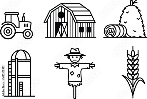 Rural Farming and Agriculture Line Art Icons: Tractor, Barn, Hay Bale, Silo, Scarecrow, and Wheat for Farm, Food, and Harvest Concepts.