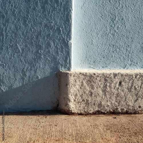 Close up of a textured exterior wall corner with contrasting blue and light grey plaster and a rough stone base