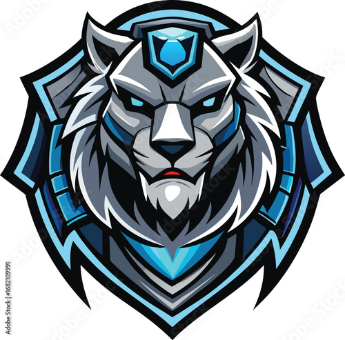 Lion mascot for a sports team, wearing a jersey and cheering, with a vibrant background of fans and team colors