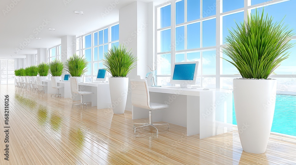 Naklejka premium Bright Modern Office Interior with Ocean View