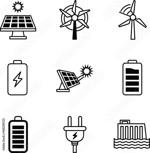 Clean and Renewable Energy Line Art Icons: Solar Panel, Wind Turbine, Battery, and Hydroelectric Dam for Green Technology and Sustainable Concepts.