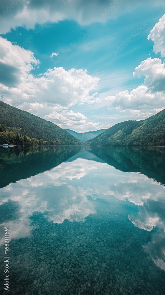 Naklejka premium A lake with a reflection of the mountains in the water