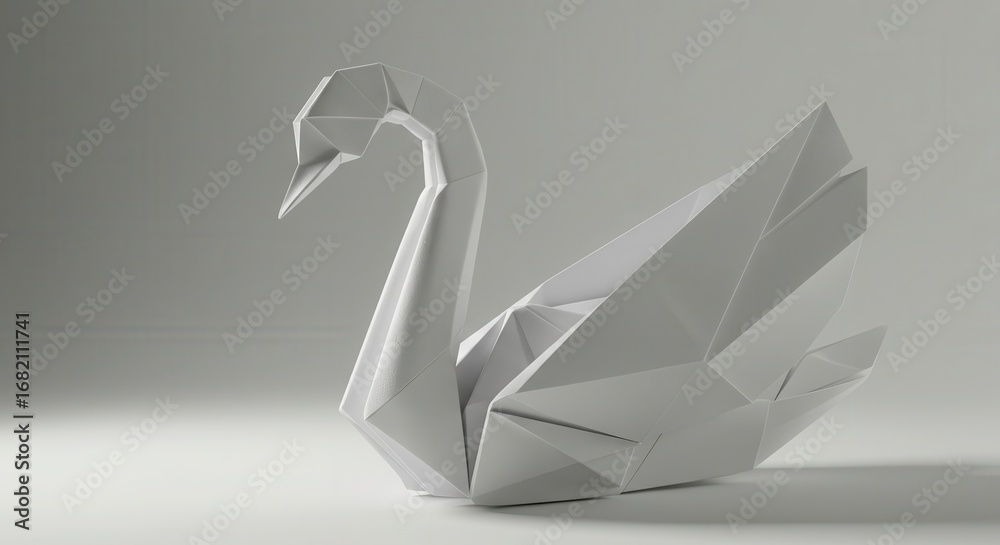 Naklejka premium A meticulously crafted origami swan, its paper form showcasing intricate folds and facets.