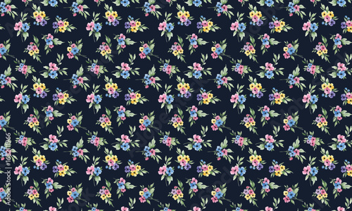 Watercolor floral pattern with small blue pink and yellow flowers.