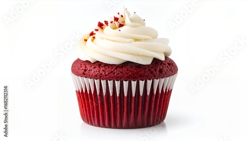 A delicious red velvet cupcake with white frosting and red sprinkles on a white background.