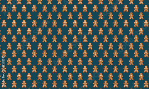 Repeating pattern of gingerbread men cookies on teal background.