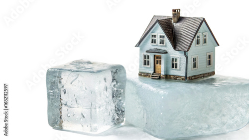 Model house on ice cubes isolated on transparent background