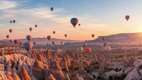 Breathtaking Cappadocia Landscape at Sunrise with Hot Air Balloons Floating Over Fairy Chimneys, Turkey Travel Destination, Scenic View