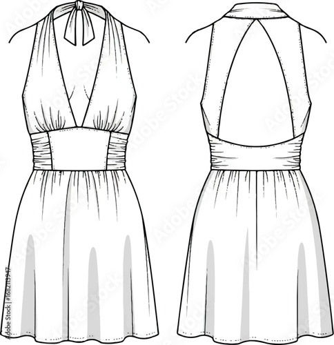 I see you’ve uploaded a fashion flat sketch of a halter-neck dress.