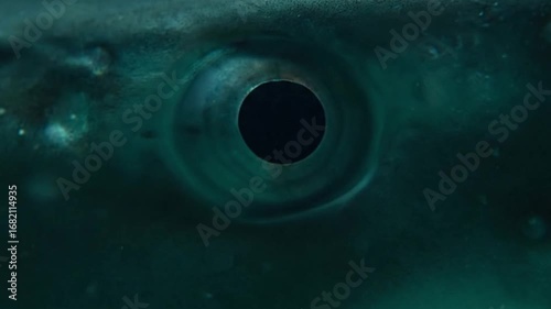 A close up shot of a dark eye with a black pupil surrounded by teal skin and faint light spots