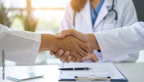 Two doctors in white coats sealing a deal with a friendly handshake over a contract. A pen sits on the white desk in a sunlit office