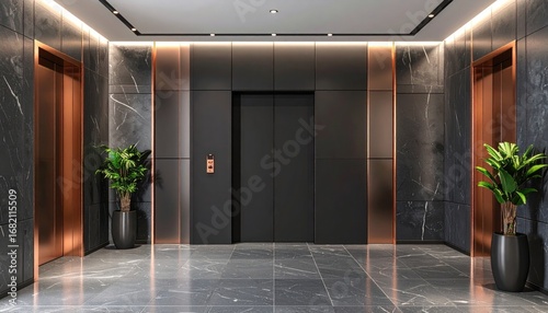Elegant lobby featuring marble floors, dark paneled walls accented with copper, potted plants, and modern elevator doors
