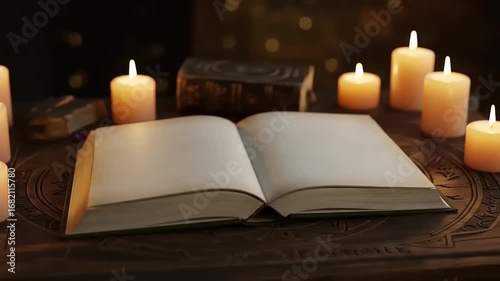 Wallpaper Mural Open book on a mystical table with glowing candles Torontodigital.ca