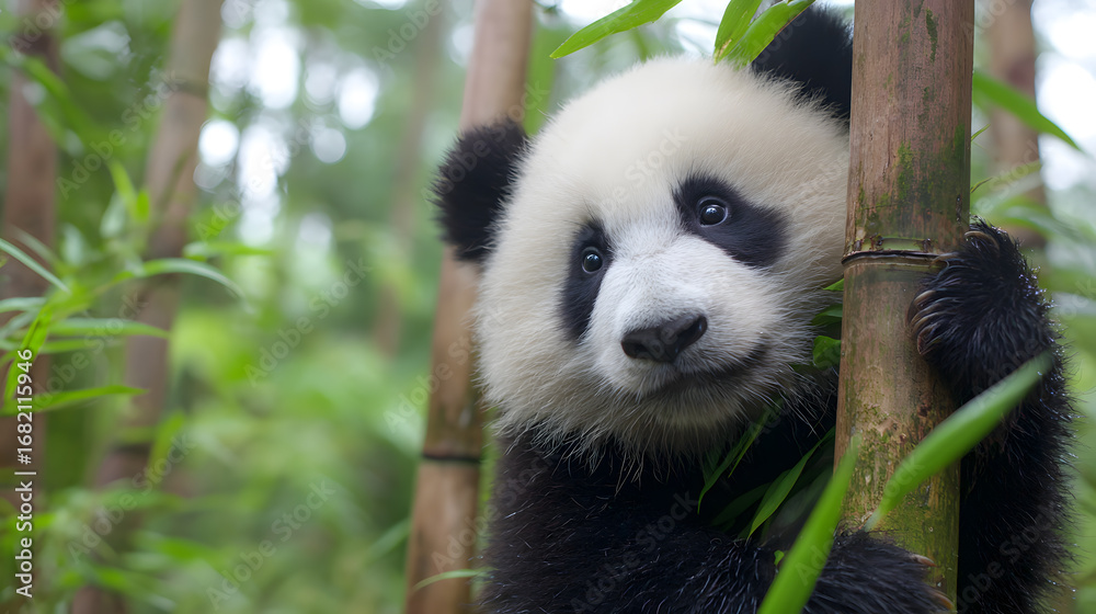 Fototapeta premium Adorable panda cub playfully peeking from bamboo stalks in lush green forest