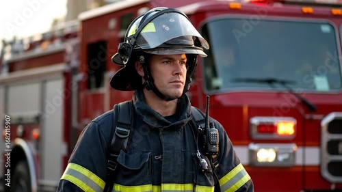 A firefighter in uniform and helmet stands in front of a red fire truck looking off to the side