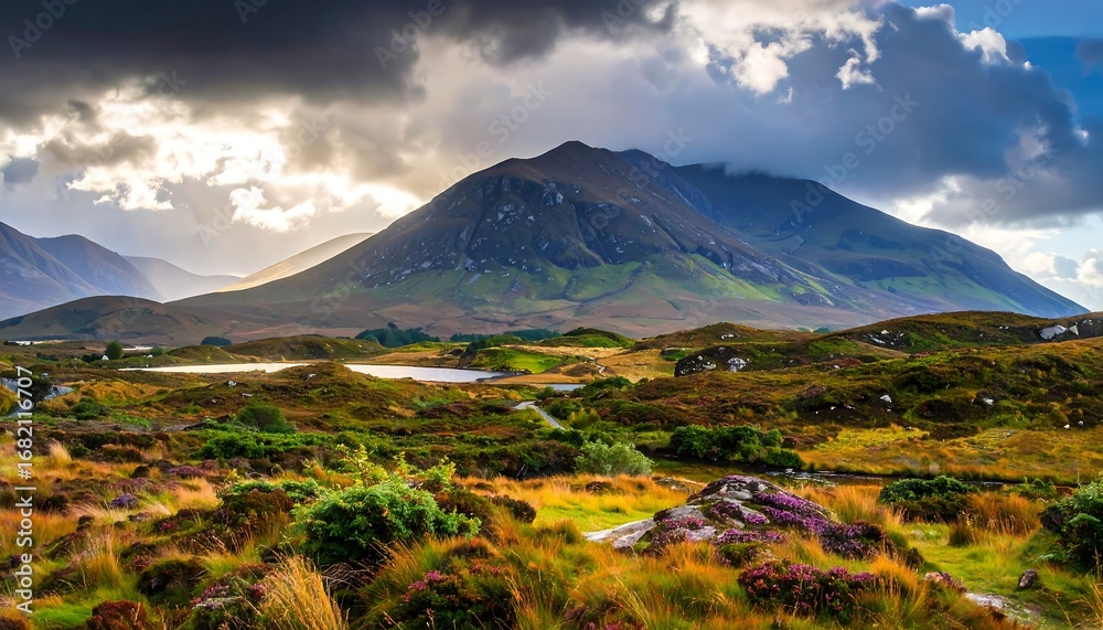 Fototapeta premium A breathtaking landscape showcases rolling hills, a serene lake, and majestic mountains under a dramatic sky.