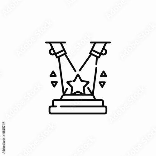 award in shape of star on stand with two spotlights shining on star icon sign vector