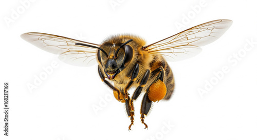 Honey Bee Flying with Pollen on Legs, Isolated transparent background