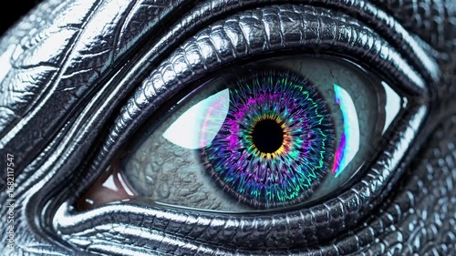 Close-up shot of a metallic, reptilian eye with vibrant colors, creating a futuristic, sci-fi video aesthetic with intricate textures. Live desktop wallpaper.