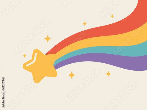 Vibrant flat vector illustration sparkling shooting star, colorful rainbow trail, symbolizing wishes and dreams