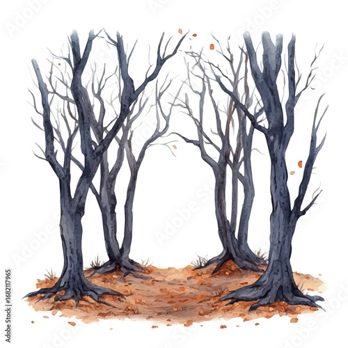 Foggy Forest Autumn Scene, watercolor drawing vector, isolated on a white background.