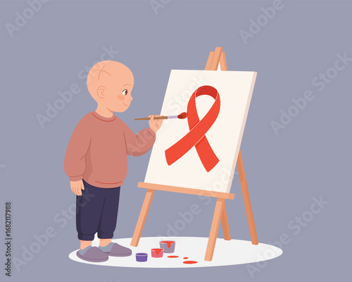 Bald child patient painting a red awareness ribbon on a canvas to symbolize hope and support