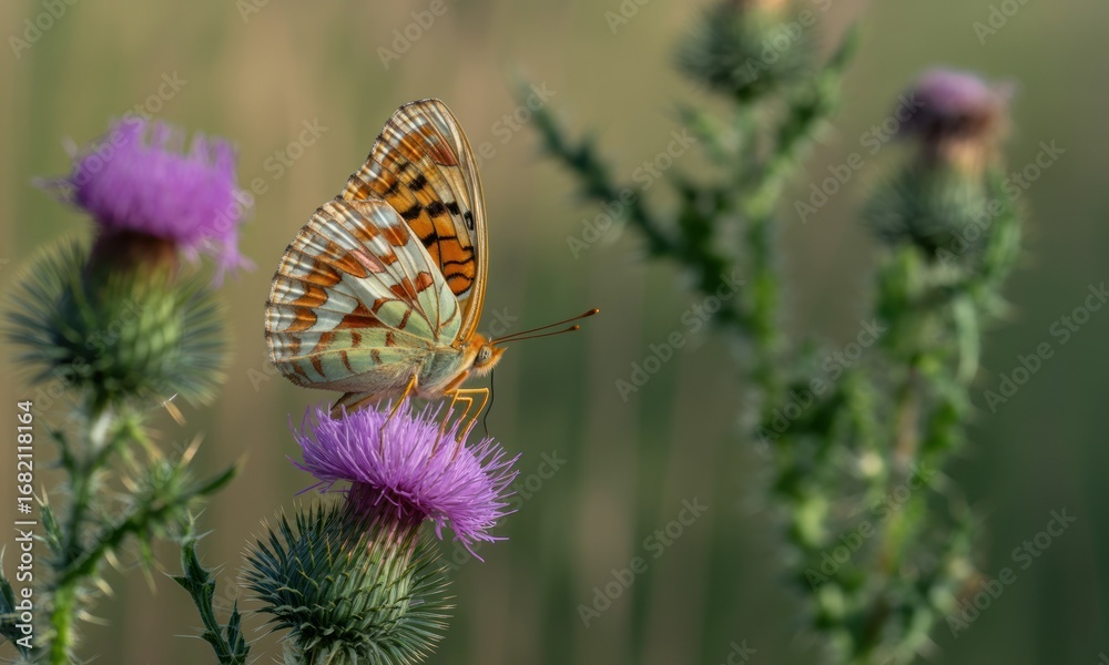 Obraz premium Butterfly perched on a thistle flower