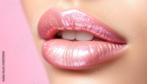 Close up of glossy, pink-toned lips. They gleam and shine with pearly iridescence against a pastel pink background for a makeup advertising shot