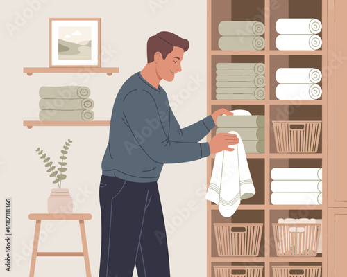 Organized Living A Man Arranging Towels in a Linen Closet with Style