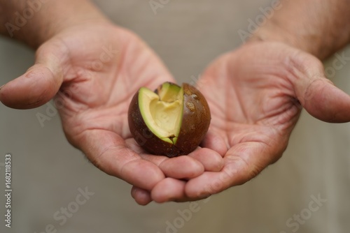 A halved avocado held gently in weathered hands, symbolizing nourishment and care