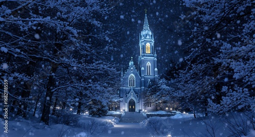 Winter Night Scene Snow Falling on Church in Snowy Woods at Night