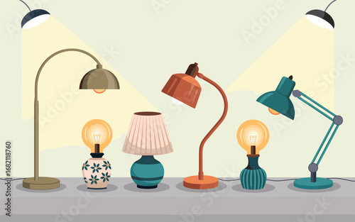 A collection of charming flat vector illustrations of different lamps