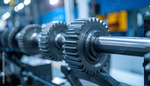 Production line with steel gears in manufacturing plant with industry machinery closeup.
